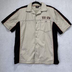 Harley-Davidson Shirt Mens Large Khaki Black Short Sleeve Button H-D Flames